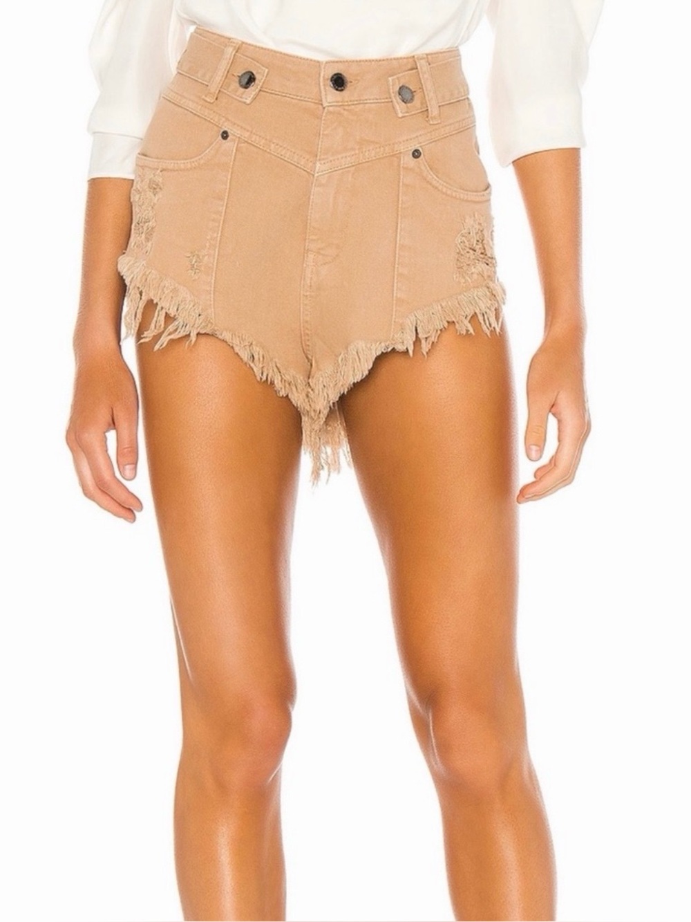 Retrofete Tan High-Rise Denim Shorts with Button Detail